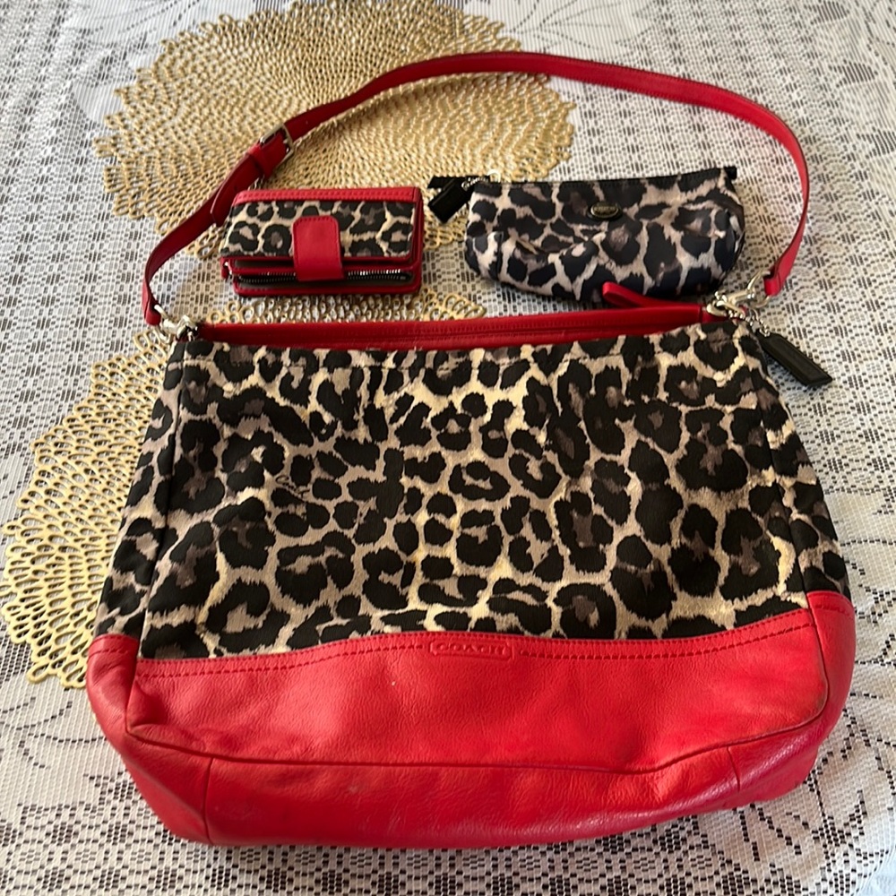 Leopard print coach bag with wallet and makeup bag